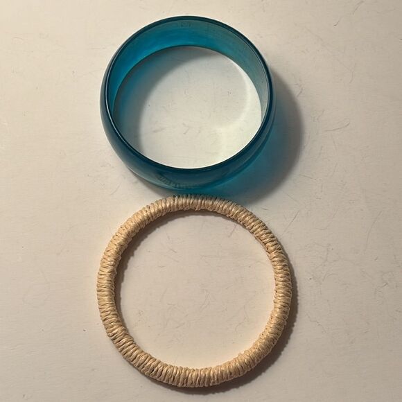 Bundle of Two Bangle Fashion Bracelets; Teal translucent/ cream colored wound - Picture 2 of 8